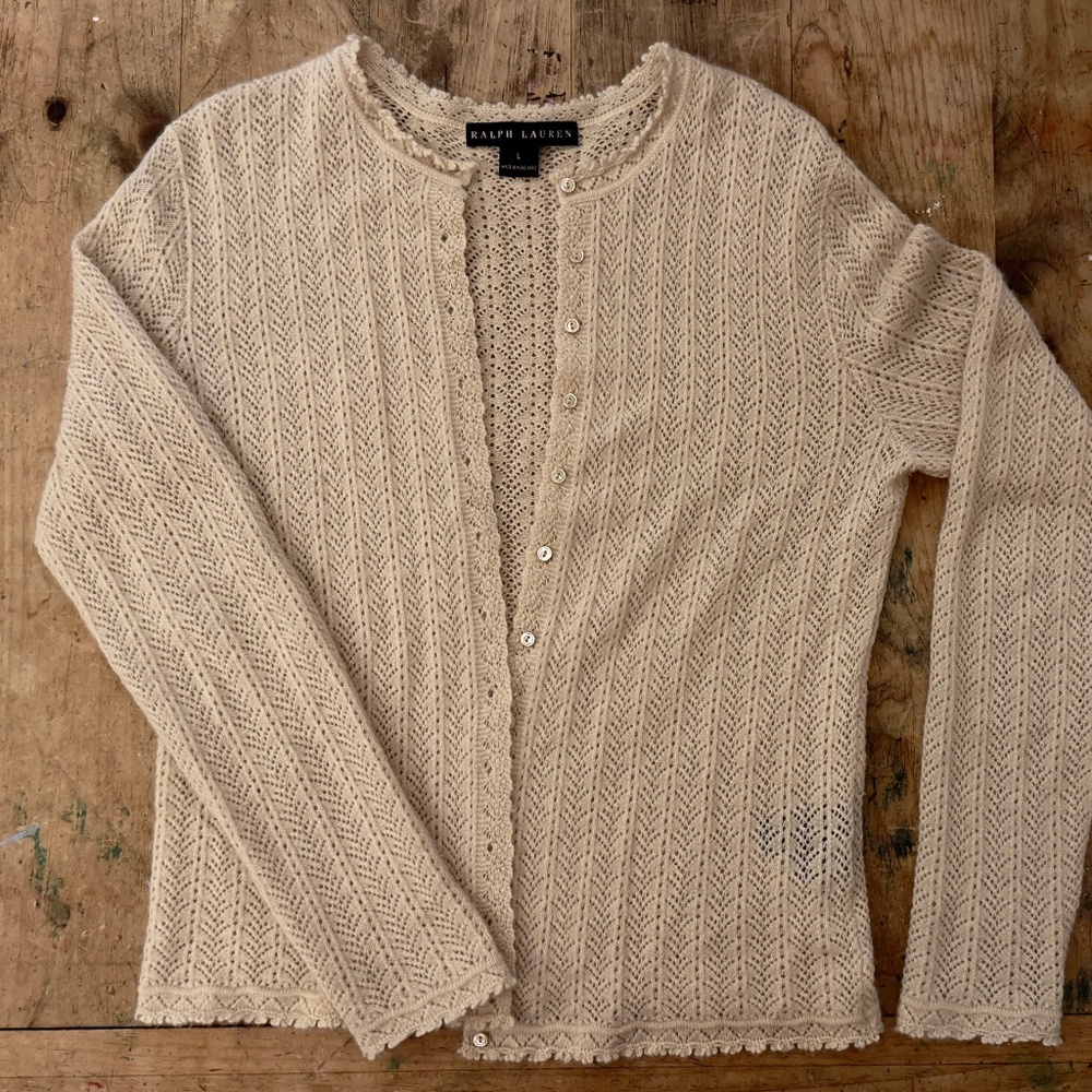 Gorgeous pointelle Ralph Lauren Black Label 100% cashmere cardigan sweater